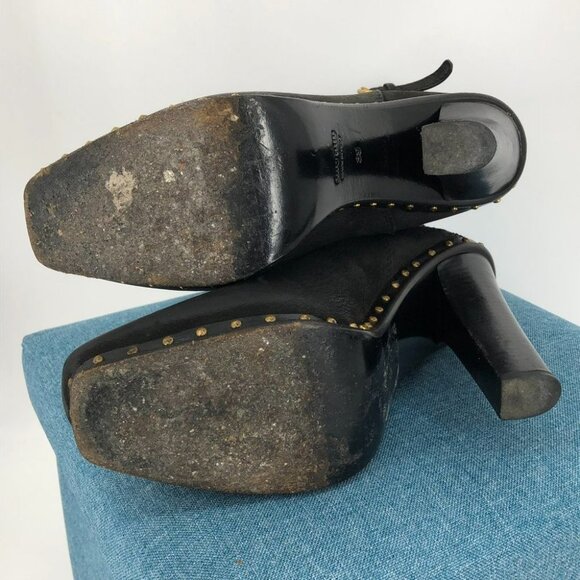 Miu Miu Black Leather Heeled Booties w Gold Studs and Studded Belt Detail size 8 - Picture 10 of 12